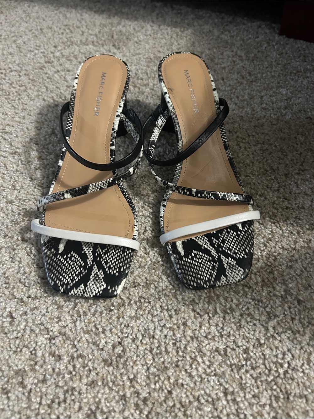 Marc Fisher Black and White Snake-Print Strappy Heeled Mules